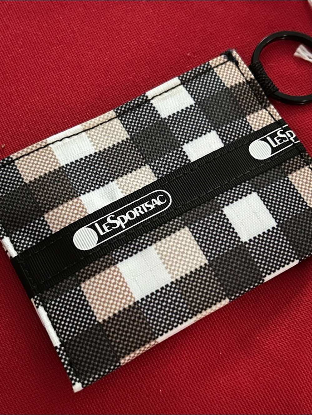 LeSportsac Black, Cream & Tan Plaid Card Case with Key Ring